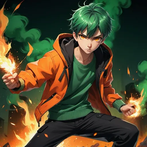 Prompt: Anime Teenage Boy, Slightly Dark Green Hair, Orange Eyes, Wearing Orange Jacket with Green Shirt and Black Pants with Green Shoes, In a Combat Pose While Holding Fire in His Hands