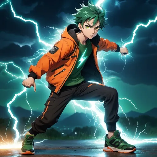 Prompt: Anime Teenage Boy, Slightly Dark Green Hair, Orange Eyes, Wearing Orange Jacket with Green Shirt and Black Pants with Green Shoes, In a Combat Pose While Holding Lightning