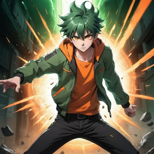 Prompt: Anime Teenage Boy, Slightly Dark Green Hair, Orange Eyes, Wearing Orange Jacket with Green Shirt and Black Pants with Green Shoes, In a Combat Pose While Shooting Energy From His Left Hand 