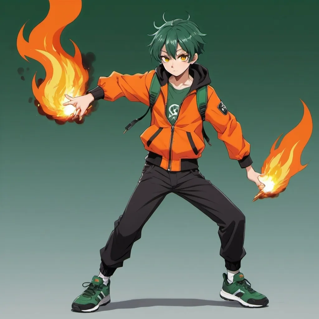 Prompt: Anime Teenage Boy, Slightly Dark Green Hair, Orange Eyes, Wearing Orange Jacket with Green Shirt and Black Pants with Green Shoes, In a Combat Pose While Holding Fire in His Hands