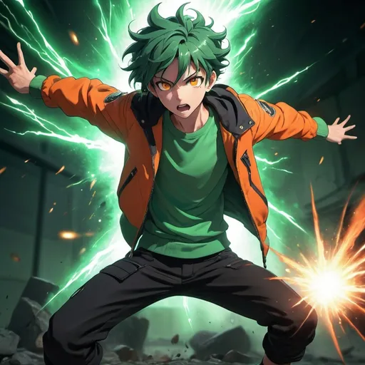 Prompt: Anime Teenage Boy, Slightly Dark Green Hair, Orange Eyes, Wearing Orange Jacket with Green Shirt and Black Pants with Green Shoes, In a Combat Pose While Shooting Energy From His Left Hand 