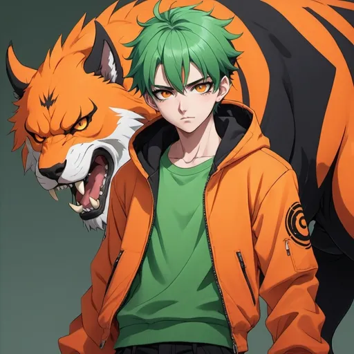 Prompt: A teenager with short slightly dark green hair and orange eyes, green eyebrows and sharp orange pupils with a beast made of energy behind him, his top is an orange jacket and his bottom is black pants and black shoes, anime