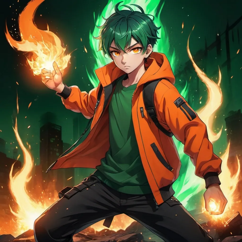 Prompt: Anime Teenage Boy, Slightly Dark Green Hair, Orange Eyes, Wearing Orange Jacket with Green Shirt and Black Pants with Green Shoes, In a Combat Pose While Holding Fire in His Hands