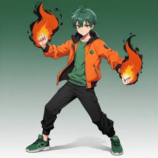 Prompt: Anime Teenage Boy, Slightly Dark Green Hair, Orange Eyes, Wearing Orange Jacket with Green Shirt and Black Pants with Green Shoes, In a Combat Pose While Holding Fire in His Hands