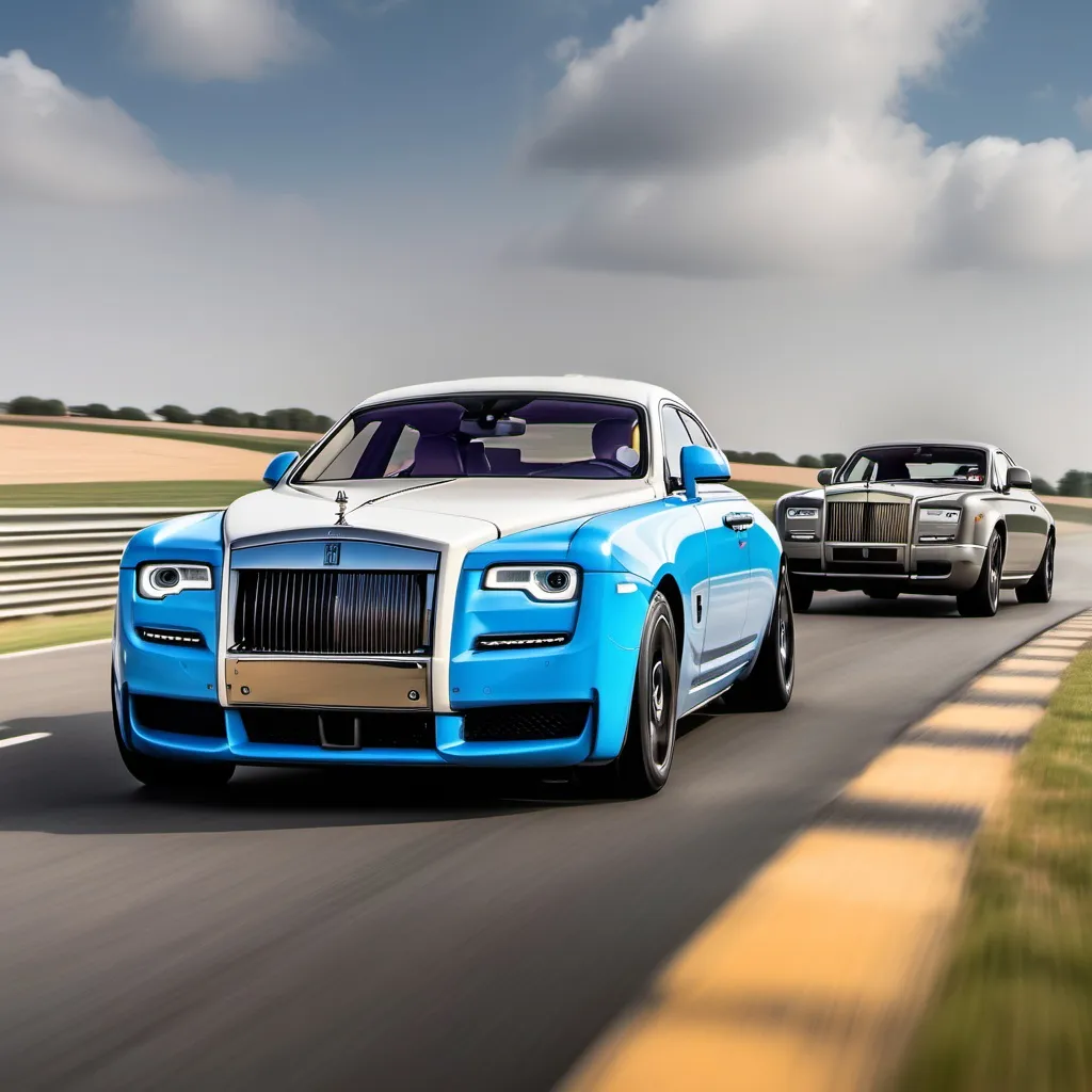 Prompt: Make a supercar driving down the buy drifting around a truck that is also drifting and then in the middle of those cars a Rolls-Royce silver ghost is there