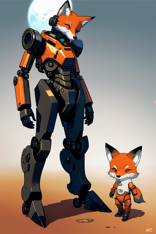 Prompt: little small fox in a mech suit