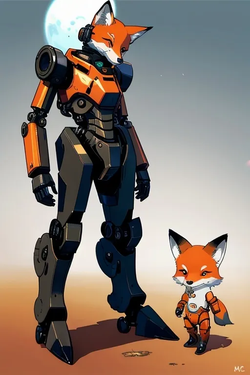 Prompt: little small fox in a mech suit