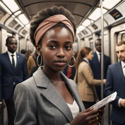Prompt: create an image of young kenyan girl in metro in a paris heading at work. she is very well dressed as people of paris are highly fashion conscious in their daily work life. 8k details, hyperrealistic detail.  Natural skin tones.  Extremely details