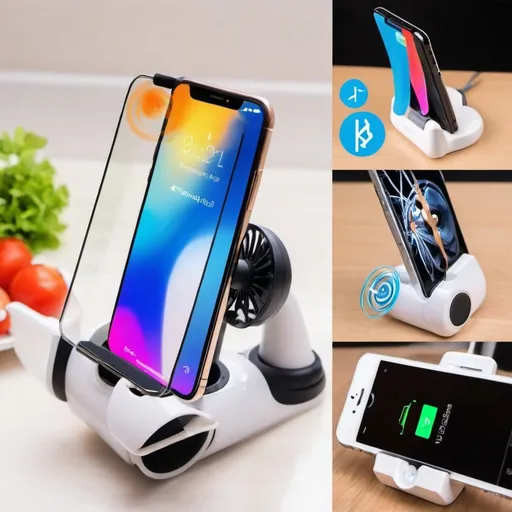 Prompt: The image you need to create is a Phone holder, there must be a small built-in fan with a Bluetooth speaker and with a built-in iphone charger magnetic and support equipped with suction cup 