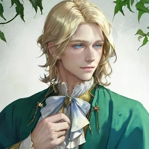 Prompt: A portrait of a man with soft facial features and a clear chin line, medium-length blond hair and leaf-green eyes, looking at the viewer with a gentle smile, wearing a blue robe made of fine fabric with the collar turned up high