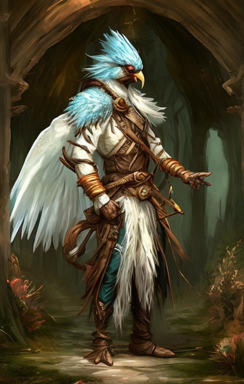 Prompt: A man in a bird custume in the style of a fantasy artwork