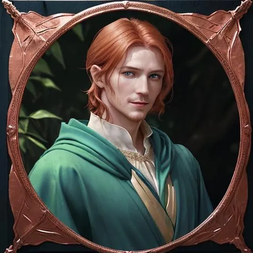Prompt: A fantasy medieval-style portrait framed at the top by leaves of a man with soft features and a clear chin line, medium-length copper-colored hair and leaf-green eyes, looking at the viewer with a gentle smile, wearing a blue robe of fine fabric with the collar turned up high