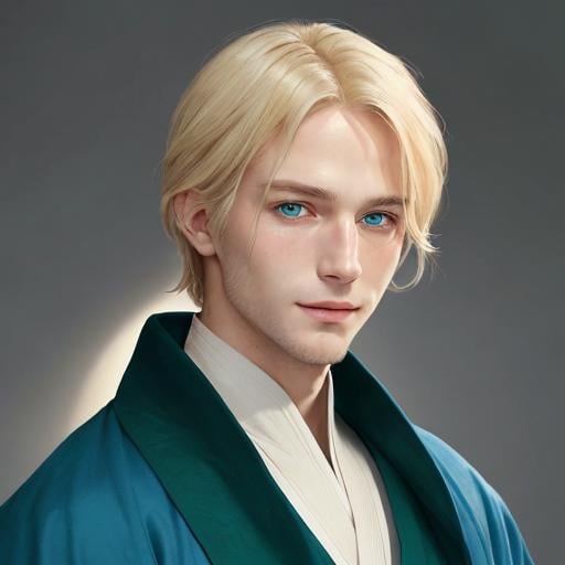 Prompt: A portrait of a man with soft facial features and a clear chin line, medium-length blond hair and leaf-green eyes, looking at the viewer with a gentle smile, wearing a blue robe made of fine fabric with the collar turned up high