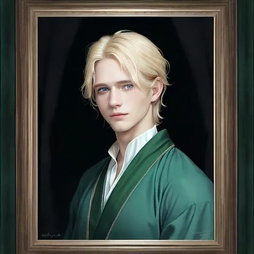 Prompt: A portrait framed at the top by leaves of a man with soft features and a clear chin line, medium-length blond hair and leaf-green eyes, looking at the viewer with a gentle smile, wearing a blue robe of fine fabric with the collar turned up high