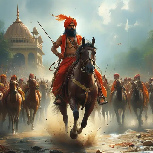 Prompt: Prithvi Raj chauhan riding a horse