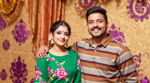Prompt: In a warmly decorated indoor space, two individuals stand side by side, exuding a sense of camaraderie and warmth. The woman, dressed in a vibrant green kurta adorned with floral patterns, has a confident expression complemented by subtle makeup and traditional jewelry, including a bindi on her forehead. Beside her, a man in a casual striped shirt appears relaxed, with a gentle smile, his arm casually resting on her shoulder, suggesting a close relationship. The background features rich textures with ornate designs in purple and gold, adding a lively and festive atmosphere to the scene. The soft lighting enhances their expressions, creating a charming and intimate moment that captures their shared joy.