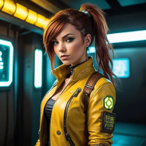 Prompt: A realistic looking photograph of A cyberpunk version of April O'Neil from the Ninja Turtles, she has cybernetic upgrades to her neck and body, including microchips, wires and neon accent lights, she has a futuristic stylish yellow leather jacket