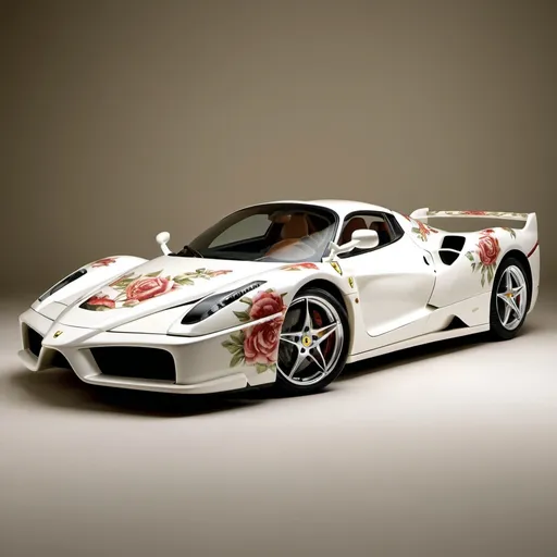 Prompt: a Ferrari Enzo—a sleek, high-performance sports car—transformed into a work of art. Instead of its usual aerodynamic body, this Enzo features a delicate exterior made entirely of Royal Albert fine bone china. Here are some whimsical details:

Body: The car’s body is adorned with intricate floral patterns, reminiscent of classic Royal Albert tea sets. Delicate roses, dainty leaves, and gold accents cover every surface.
Windows: The windows are made of translucent china, allowing soft light to filter through. Imagine driving with the sun casting beautiful patterns inside the cabin.
Grille: The front grille is an elegant lattice of fine bone china, resembling a decorative teacup saucer. It adds a touch of refinement to the car’s aggressive stance.
Wheels: The wheels are porcelain teacups, complete with saucer-shaped rims. Each cup serves as a hubcap, and the tires are wrapped in delicate lace.
Interior: Step inside, and you’ll find plush seats upholstered in fine china patterns. The dashboard features delicate porcelain knobs and switches.
Exhaust Pipes: The exhaust pipes are elongated teapot spouts, releasing fragrant steam instead of smoke.
Finishing Touches: Gold trim lines the edges, and the Ferrari logo is hand-painted in delicate brushstrokes.