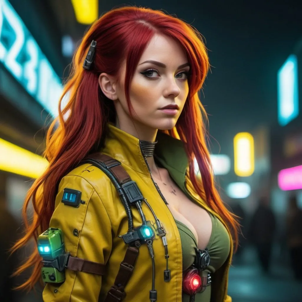 Prompt: A realistic looking photograph of A cyberpunk version of April O'Neil from the Ninja Turtles, she has cybernetic upgrades to her neck and body including wires, metal circuits and neon yellow lights, she has long red hair, she is attractive, she looks like she is street smart