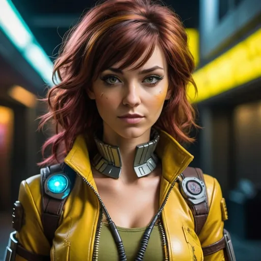 Prompt: A realistic looking photograph of A cyberpunk version of April O'Neil from the Ninja Turtles, she has cybernetic upgrades to her neck and body, including microchips, wires and neon accent lights, she has a futuristic stylish yellow leather jacket