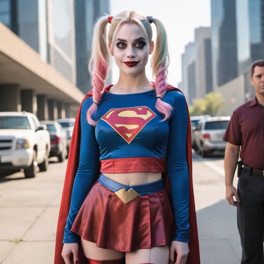 Prompt: Harley Quinn wearing a Supergirl outfit, the image is in the style of an Instagram photo 