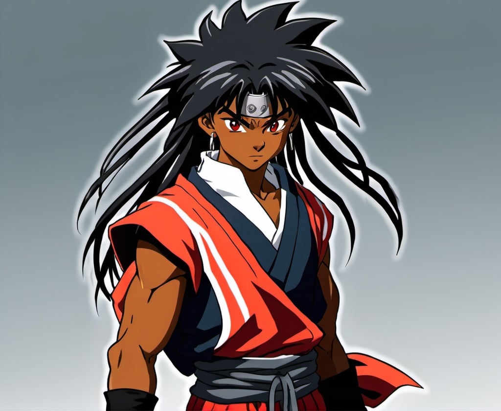 Prompt: Create a 1920x1080 inuyasha anime style, showcasing a young 20 black male with dreads covering his face, he wear a black ninja style outfit and carry two daggers.He is standing over goku body. 