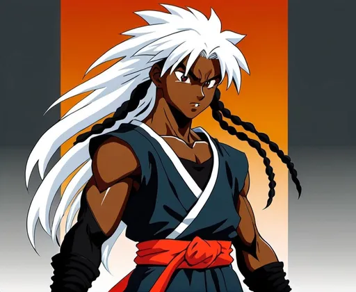 Prompt: Create a 1920x1080 inuyasha anime style, showcasing a young 20 black male with dreads covering his face, he wear a black ninja style outfit and carry two daggers.He is standing over goku body. 