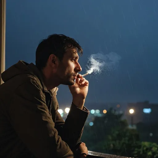 Prompt: Man looking at rain in night with cigarette in hand