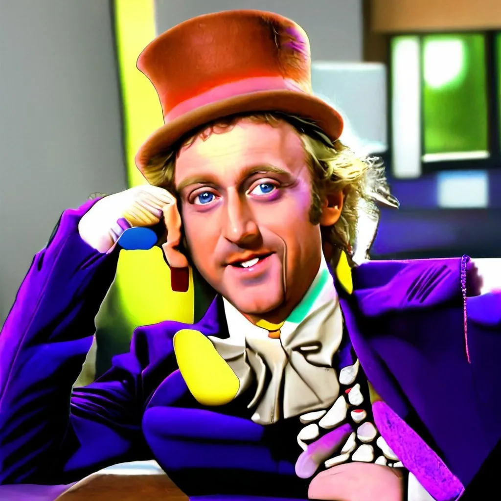 Prompt: willy wonka on crack drinking beer