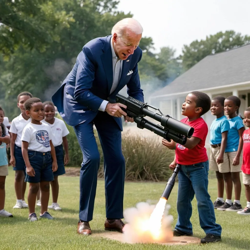 Prompt: joe biden firing a rocket launcher at a child