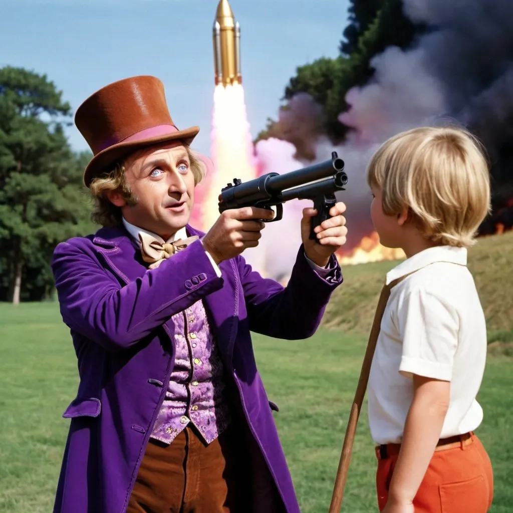 Prompt: willy wonka aiming a rocket laucher at a child