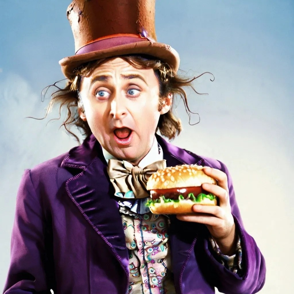 Prompt: willy wonka holding a hamburger while looking shocked