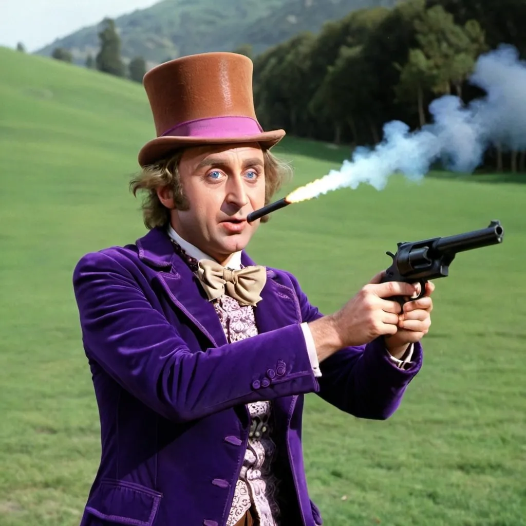 Prompt: Willy Wonka shooting a gun at birds in the sky
