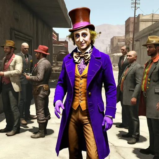 Prompt: Willy Wonka visiting Ceasars Legion from Fallout New Vegas