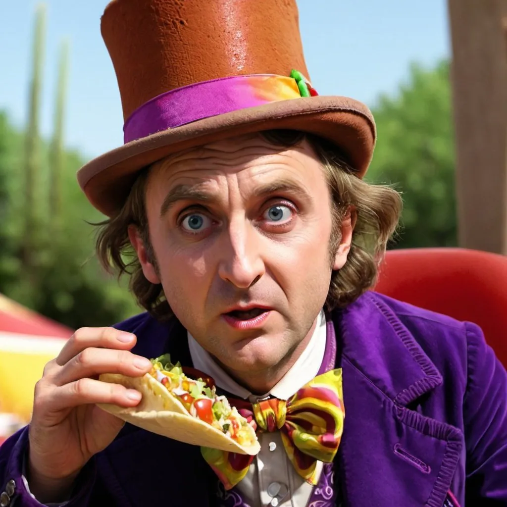 Prompt: Willy Wonka eating a taco and looking evil
