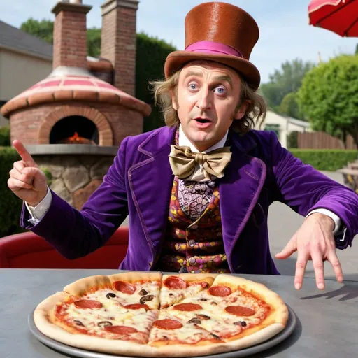 Prompt: Willy Wonka looking schocked while pointing at a pizza tower