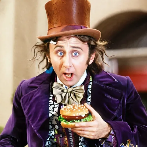 Prompt: willy wonka holding a hamburger while looking shocked