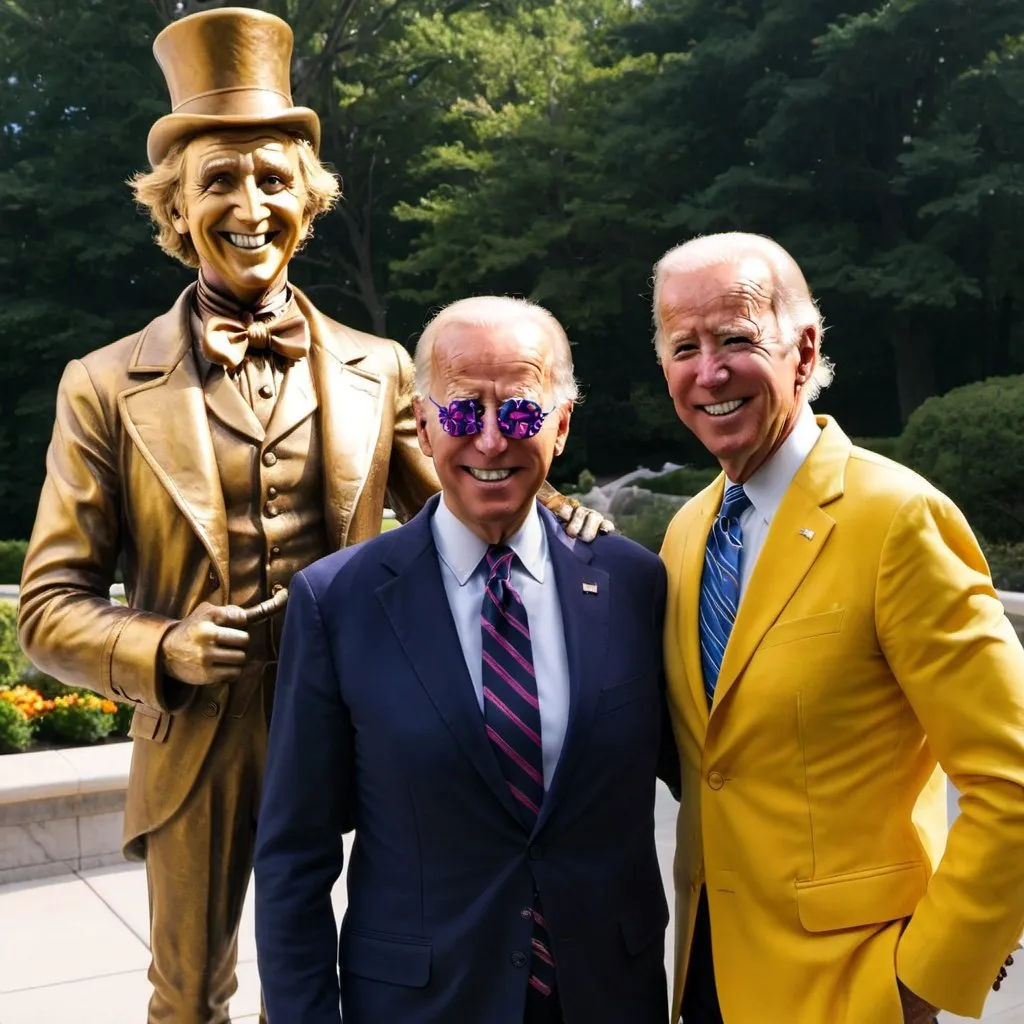 Prompt: Willy Wonka smiling and standing next to a statue of a golden Joe Biden