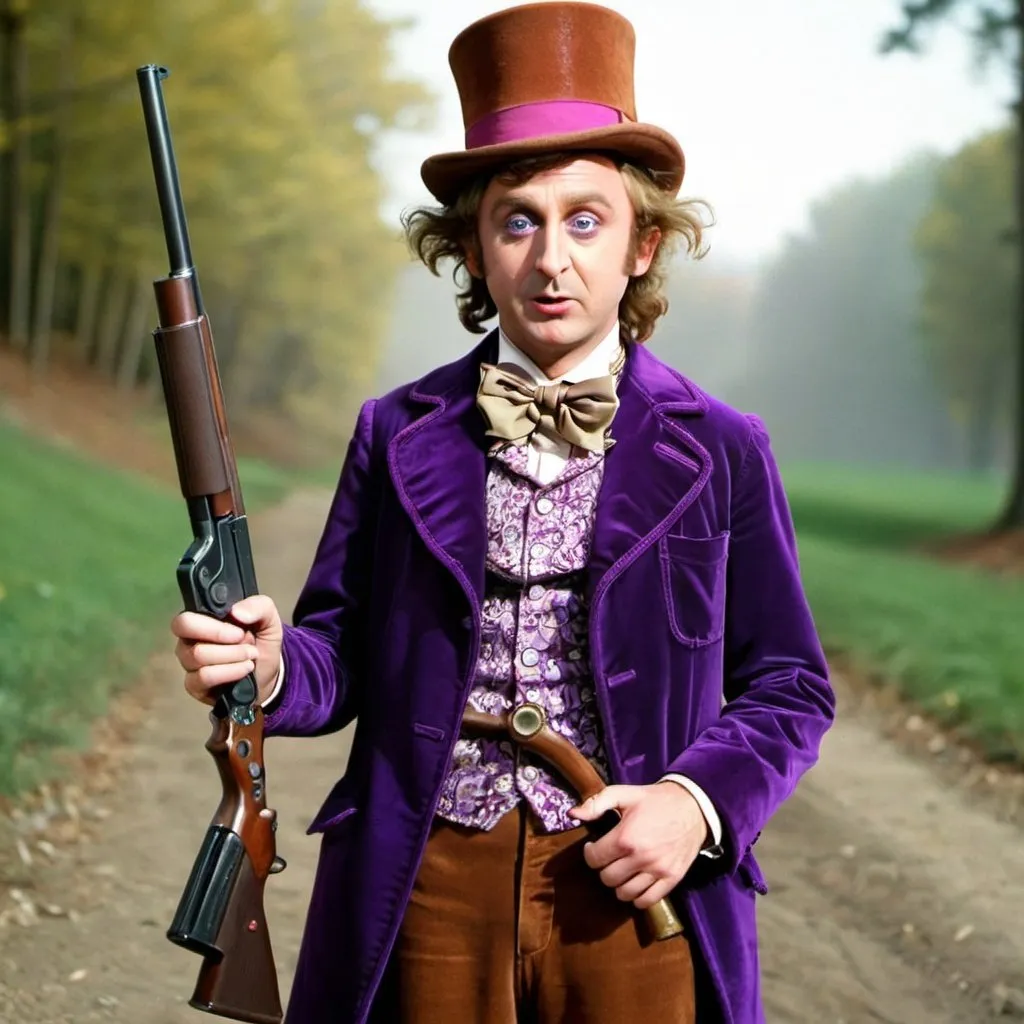 Prompt: willy wonka on crack shooting children with a shotgun