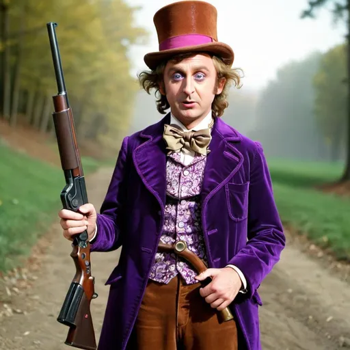 Prompt: willy wonka on crack shooting children with a shotgun