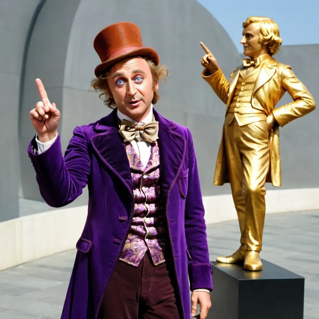 Prompt: Willy Wonka pointing at a golden statue