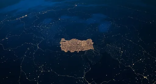 Prompt: Cinematic aerial shot of Turkey at night. Slowly, small glowing data points light up across the map—cities, districts, towns—forming a living digital network. The camera zooms in as the lights pulse softly. 
Atmosphere: dark blue tones, volumetric fog, glowing particle data trails.
