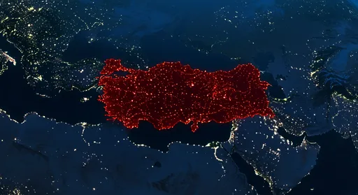 Prompt: A cinematic night aerial view of Turkey, seen from high above, covered in a subtle fog. 
Only the city lights glow faintly in patterns forming the shape of the country. 
The atmosphere is dark blue and calm, with soft clouds, resembling a digital map coming to life. 
Volumetric lighting, realistic satellite perspective, cinematic composition.