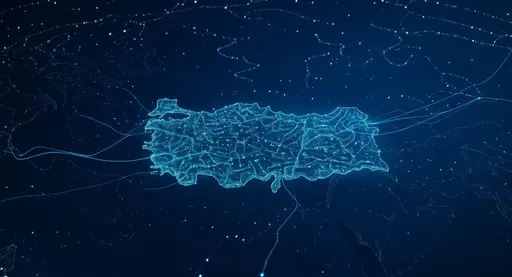 Prompt: 3D holographic map of Turkey in a futuristic data center, 
digital lines pulsating between regions.