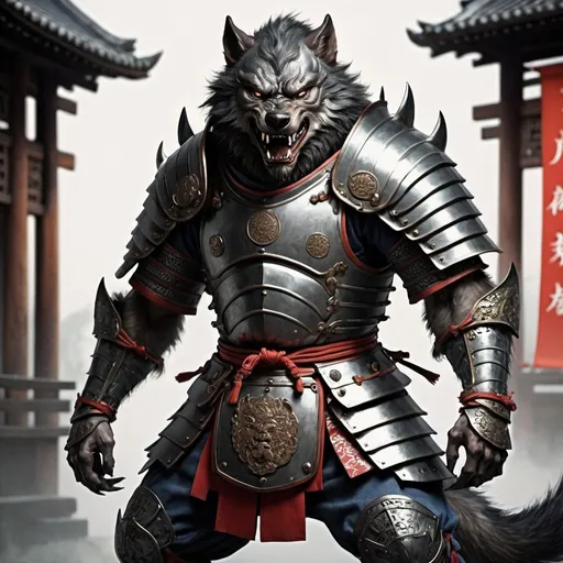 Prompt: werewolf with armor, Japanese style, chinese, medieval