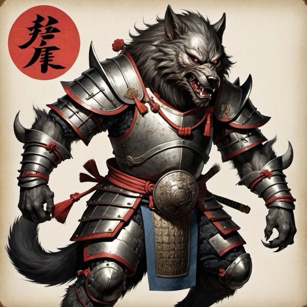 Prompt: werewolf with armor, Japanese style, chinese, medieval