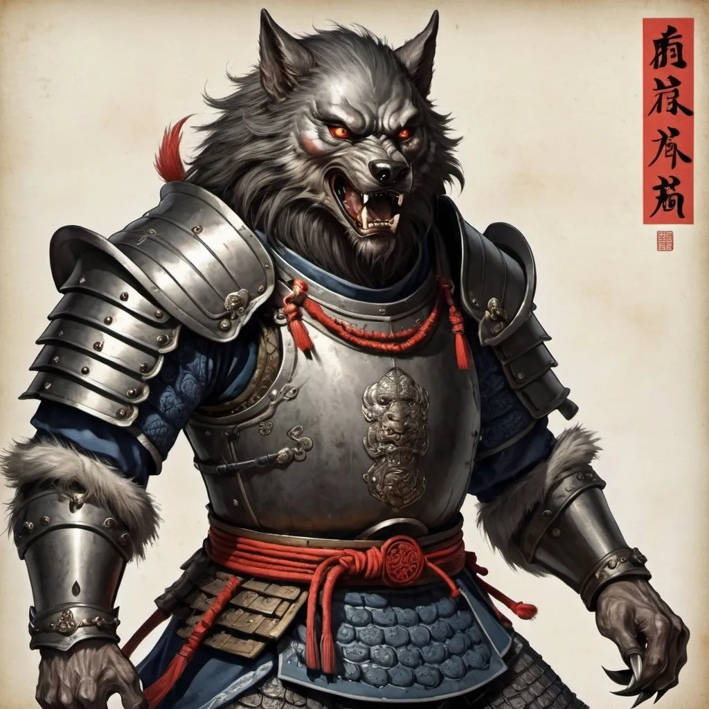 Prompt: werewolf with armor, Japanese style, chinese, medieval