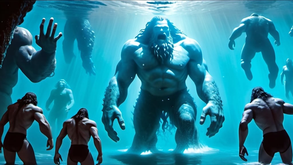 Prompt: Underwater Giants in the Universal Flood, nefilims