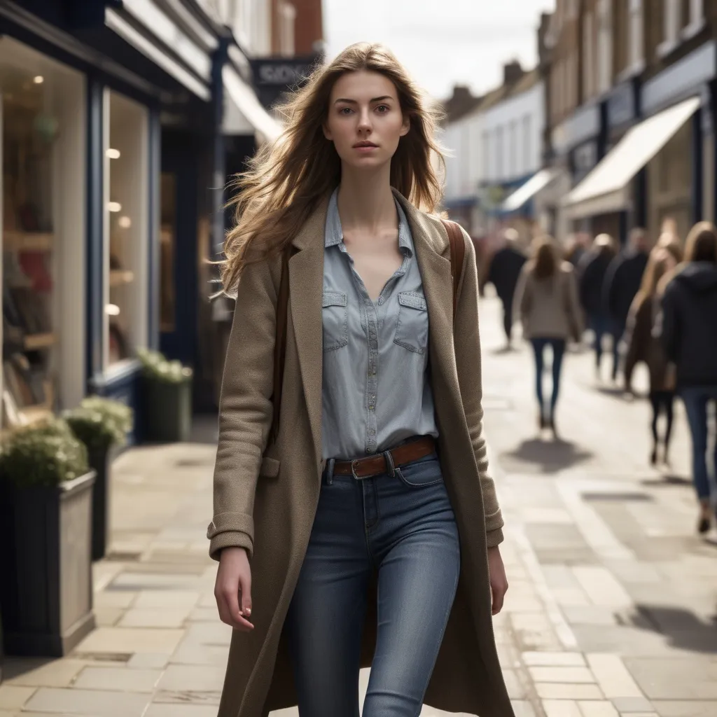 Prompt: Tall young woman walking down the high street, detailed clothing, realistic, natural lighting