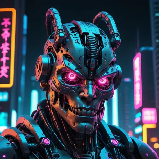 Prompt: Futuristic cyberpunk robotic neon eyes oni